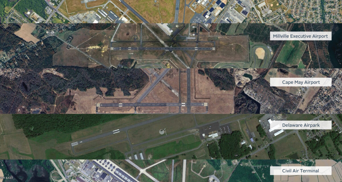 Four aerial views of airports labeled Millville Executive, Cape May, Delaware Airpark, Civil Air Terminal.