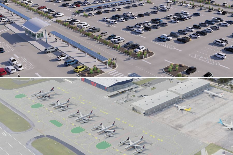 Top: Aerial view of a parking lot with numerous cars and solar-panel canopies. Bottom: Airport runway with parked airplanes near terminal buildings.