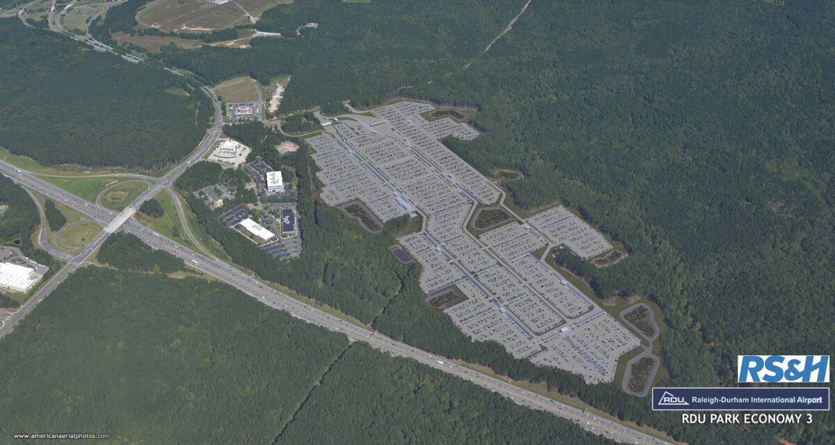 Aerial view of RDU Park Economy 3 parking lot surrounded by dense forest near highways, with RS&H and Raleigh-Durham International Airport logos.