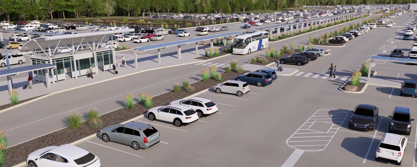 Modern parking lot with covered walkways, cars, buses, and people walking toward a terminal building.