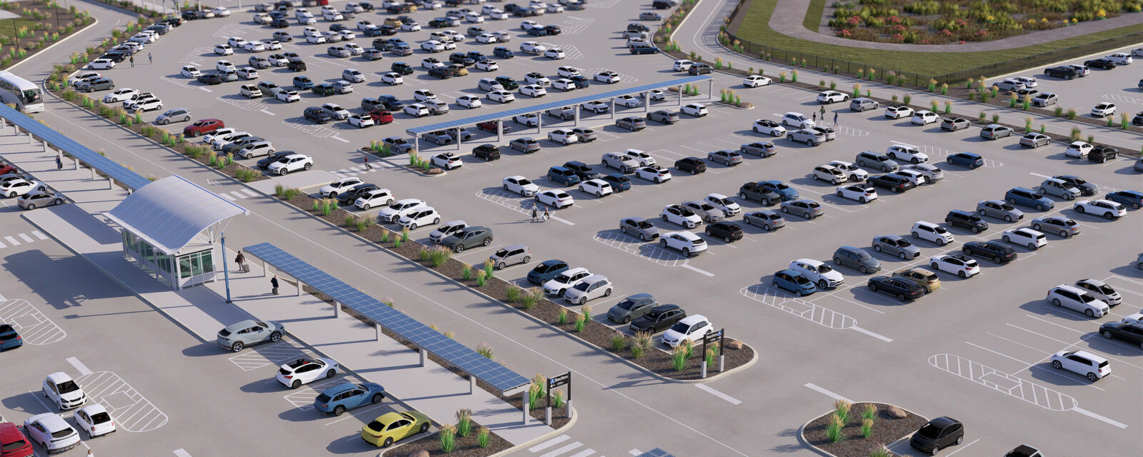 Expansive parking lot with solar-panel-covered walkways, filled with parked cars.