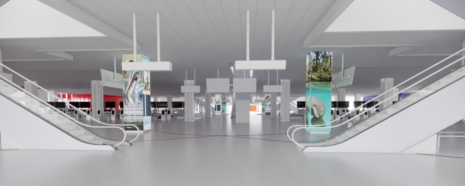 Spacious modern airport terminal with escalators and vibrant nature-themed pillars