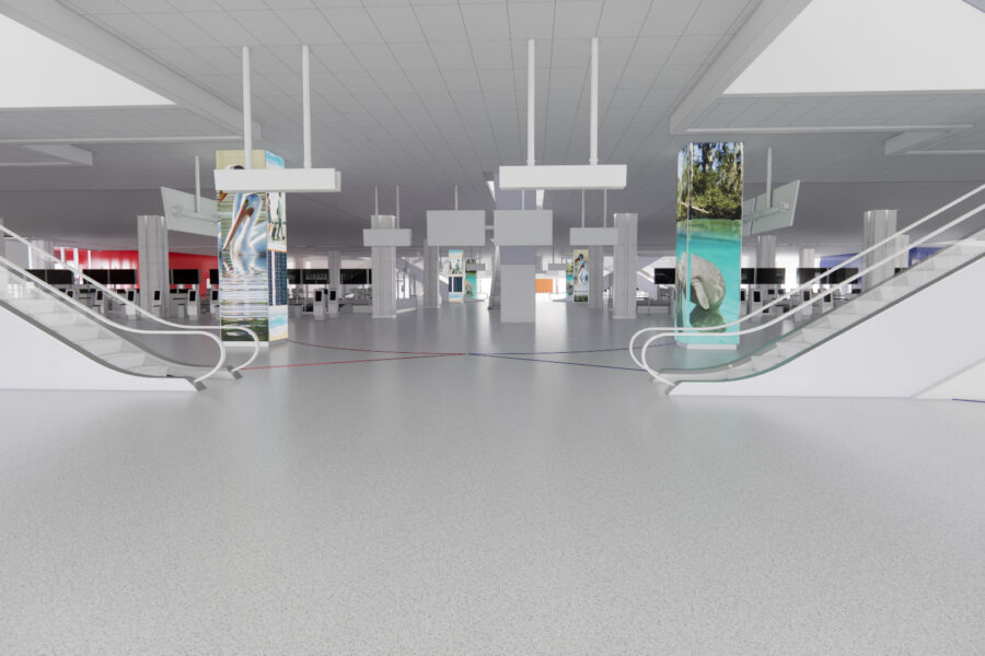 Spacious airport terminal with escalators, ceiling fixtures, and vibrant pillar advertisements.