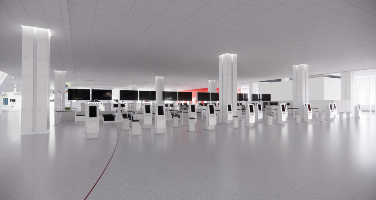 Modern, spacious interior with multiple self-service kiosks and large columns.