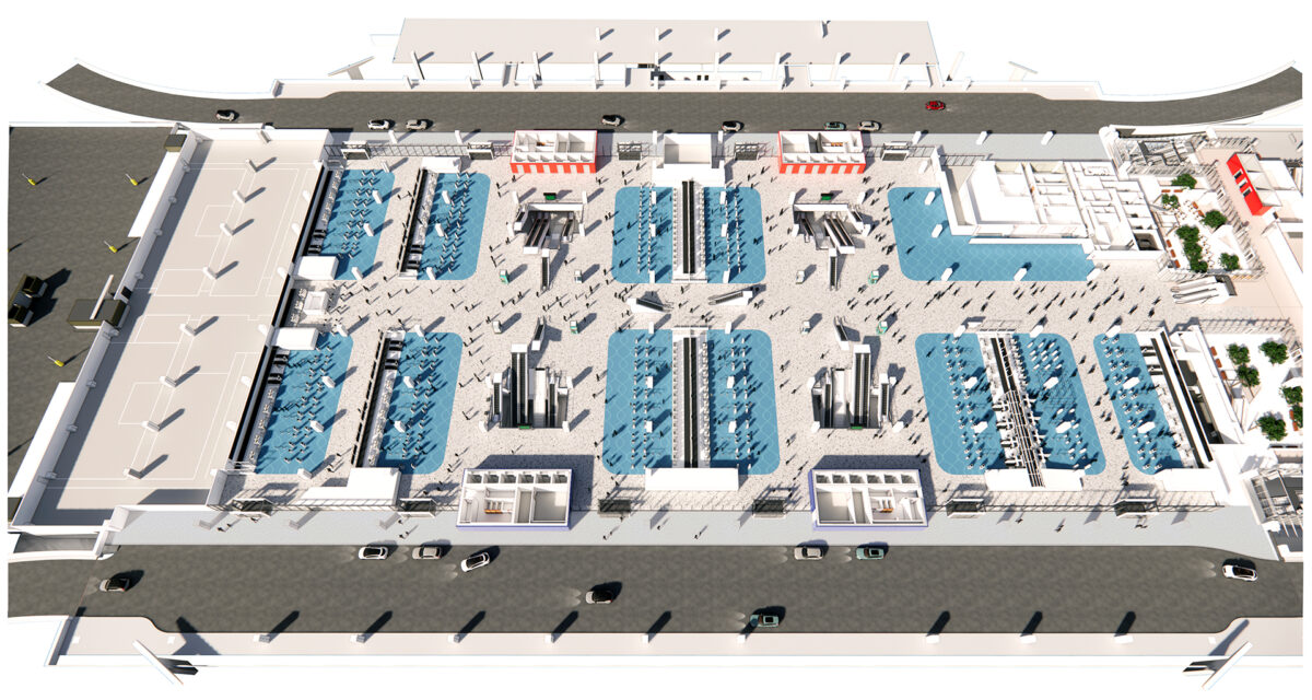 Top-down view of a large, organized market layout with booths, walkways, and surrounding roads.