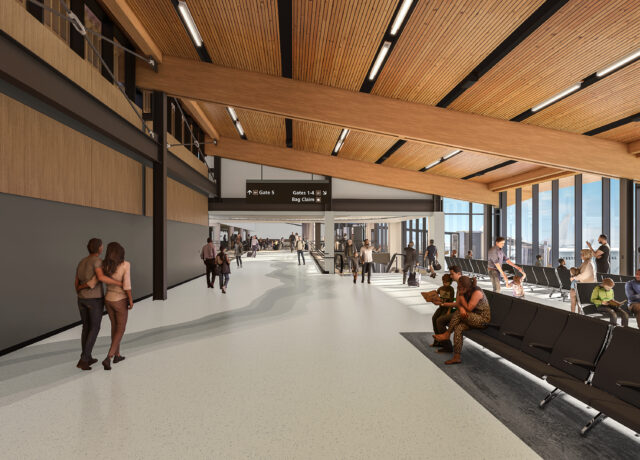 Spacious airport terminal with wooden ceiling, travelers, and seating areas, referencing "Terminal Expansion" concept.