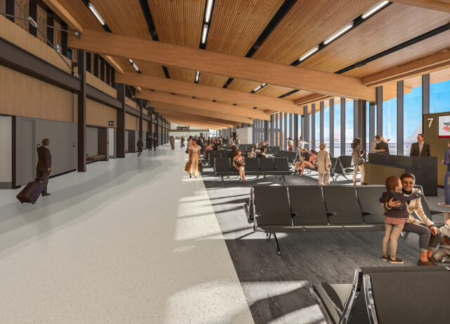 Spacious airport terminal with wooden beams, travelers seated and walking, large windows with views, modern architecture.