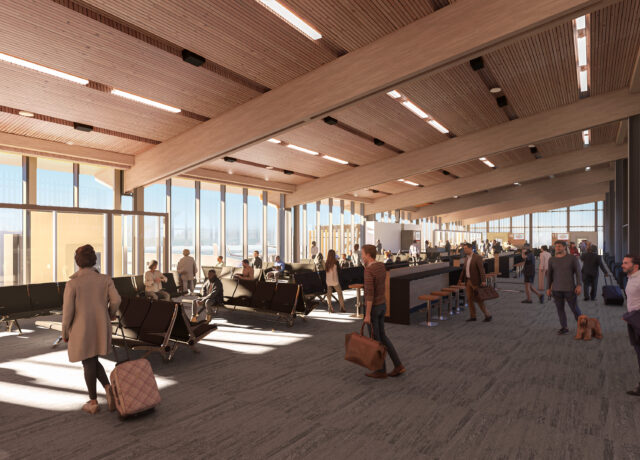 Spacious airport terminal with wooden ceiling, large windows, travelers carrying luggage, and seating area.