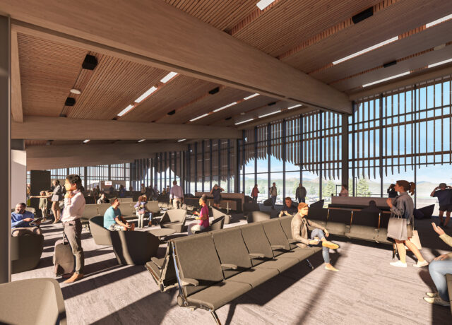Spacious airport terminal seating area with people interacting and natural light streaming in.