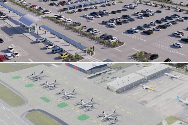 Top: Aerial view of a parking lot with numerous cars and solar-panel canopies. Bottom: Airport runway with parked airplanes near terminal buildings.